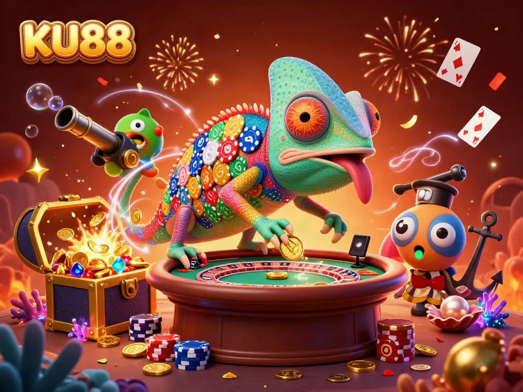 Experience the thrill of KU88 with a colorful chameleon casino owner and dynamic game elements