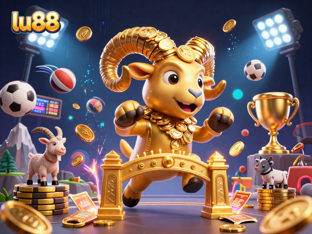 Experience the excitement of lu88 with a vibrant 3D illustration of a golden ram charging through casino elements
