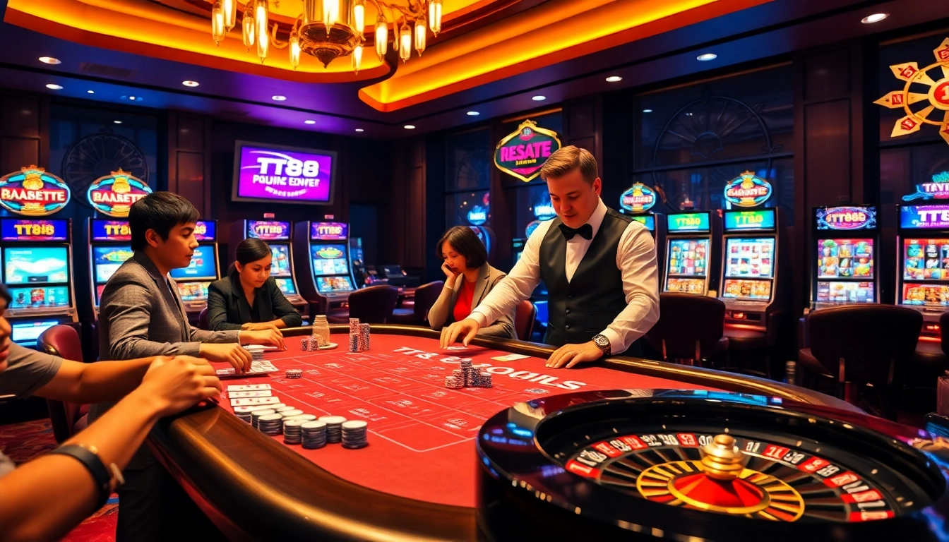 Engaging players at a TT88 casino table with poker chips and cards in a vibrant scene.
