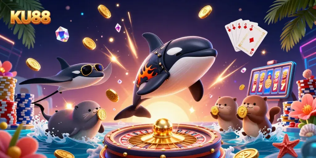 Experience jackpot thrills with KU88 featuring an orca, stingray, and otters in a vibrant casino scene.