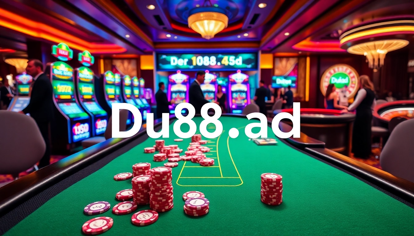 Engaging casino scene at Du88.ad featuring a blackjack table, poker chips, and slot machines.
