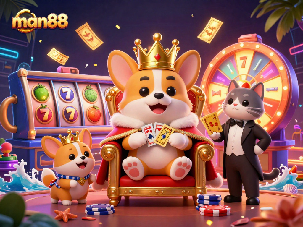 Experience the excitement of man88 with vibrant slot reels and a royal corgi surrounded by dynamic casino elements.