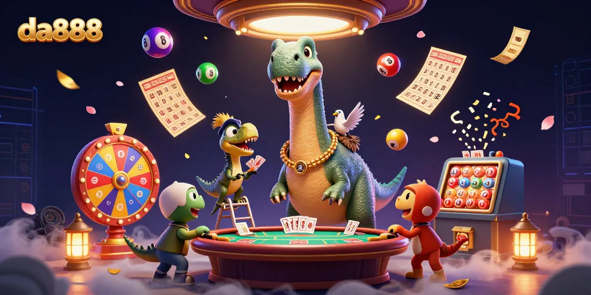 Experience da888 allure with a whimsical casino scene featuring a brontosaurus and clever raptor.