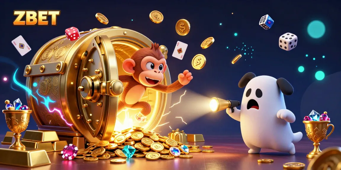 ZBET Casino: A playful poltergeist monkey juggles golden treasures in a lively 3D casino scene.