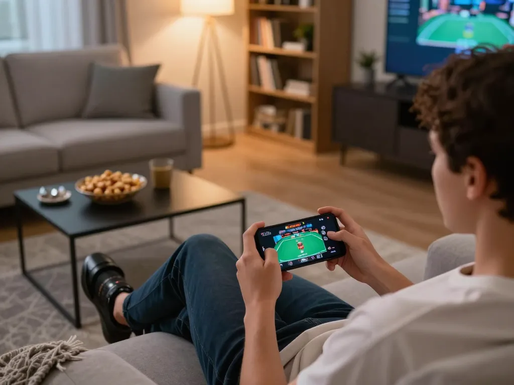 Engaging in online casino gaming on smartphone while enjoying a cozy home setting at https://da88at.com/.