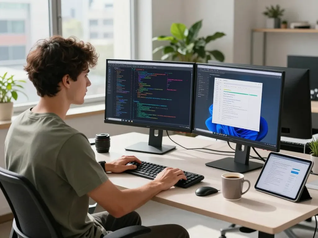Innovative software development workspace at https://thscrore.app/ with engineers coding at dual monitors, bright city view.