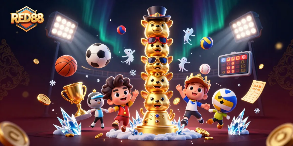 Experience engaging gameplay with RED88, featuring a dynamic casino totem surrounded by vibrant sports elements.