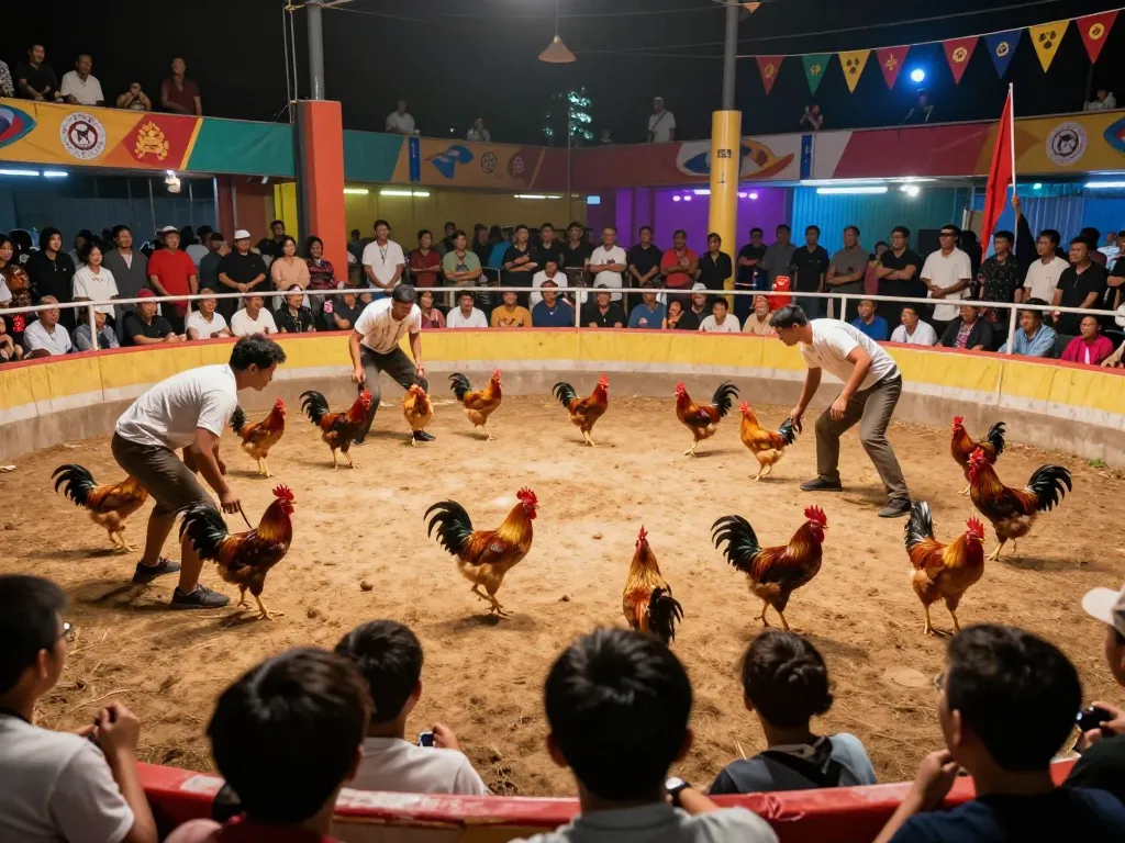 Exciting live chicken fights at đá gà thomo arena with enthusiastic spectators watching closely