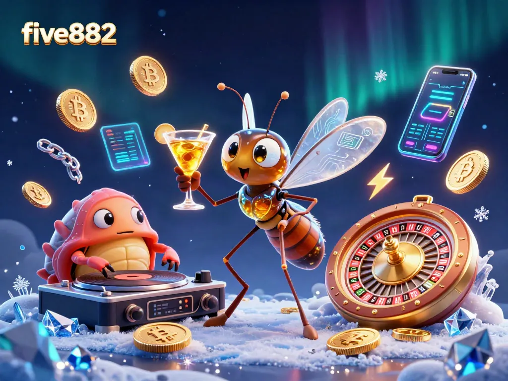 Engage in exciting gameplay at five882 with a vibrant 3D scene featuring unique casino characters and elements.
