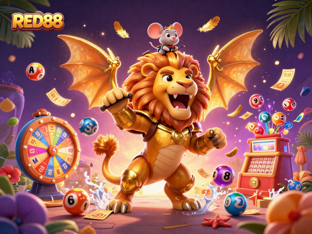 Experience excitement with RED88 in this vibrant lottery-themed illustration featuring a chimera and dynamic game elements.