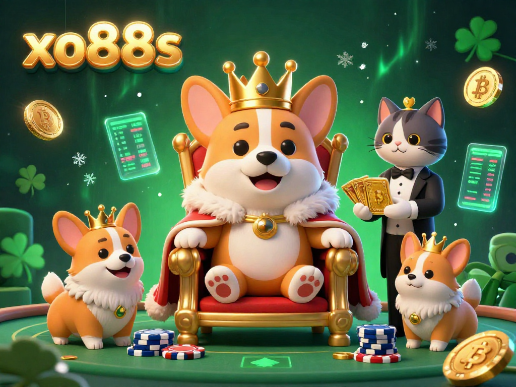 Engage with xo88s in a vibrant casino scene with corgi royalty, crypto coins, and gaming elements for an exciting online experience.