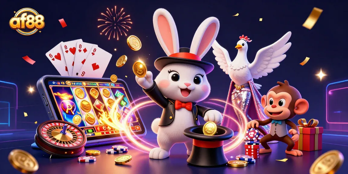 Engage in thrilling action with af88's vibrant 3D casino scene featuring a magical rabbit and poker chips.