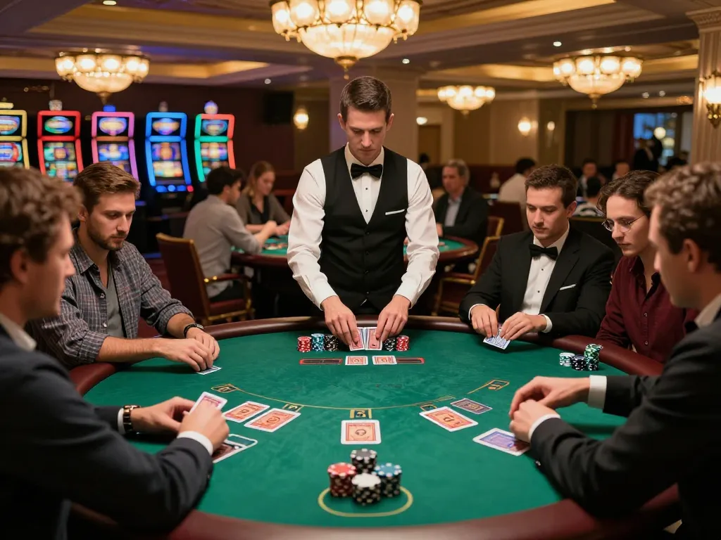 90P players strategizing at a lively blackjack table in a luxurious casino setting