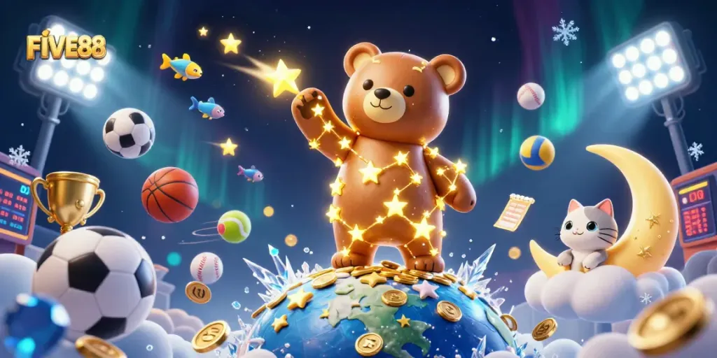 Win big at FIVE88 by exploring vibrant casino games amidst a magical 3D world filled with treasures.