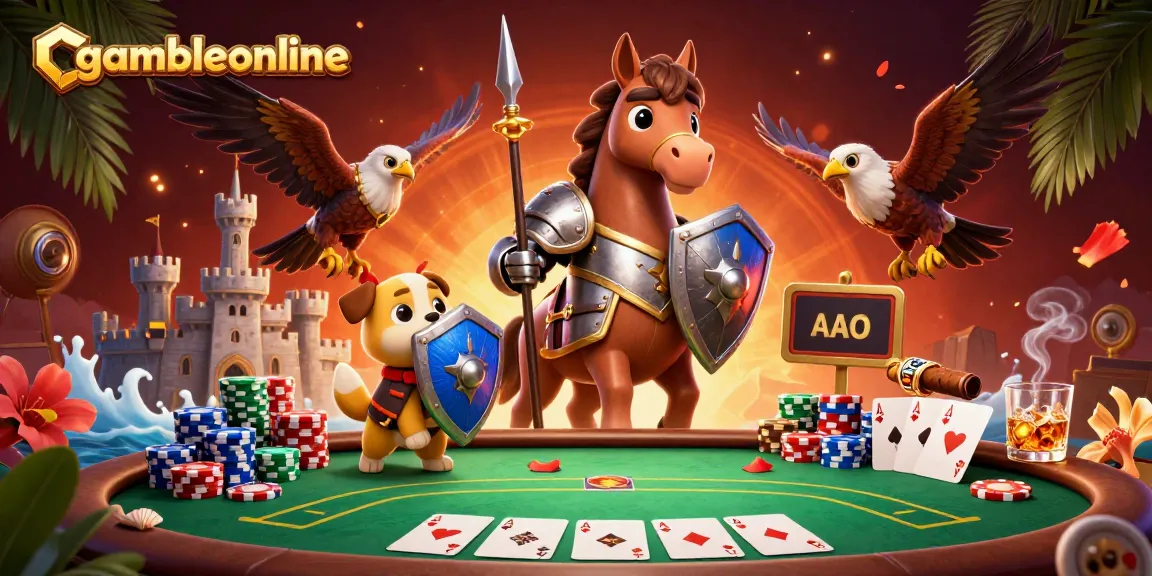 Experience thrilling poker action with gambleonline's vibrant medieval-themed illustration.