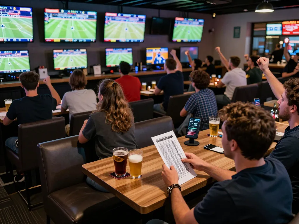 Engaged bettors analyzing odds on the Website Five88 in a vibrant sports betting lounge.