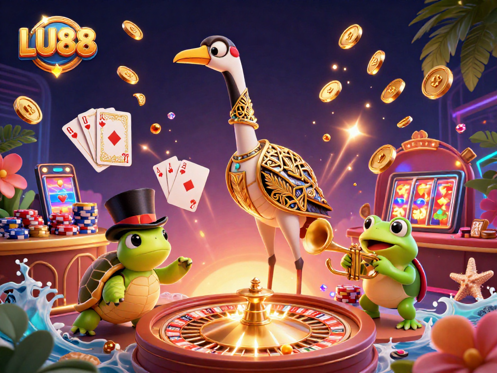 LU88 features a lively casino scene with animated characters, coins, and vibrant casino elements