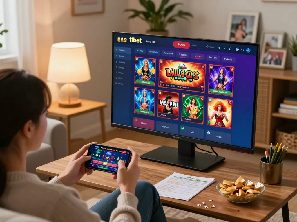 Engaging player exploring 11bet's casino app on tablet in cozy setup at home.