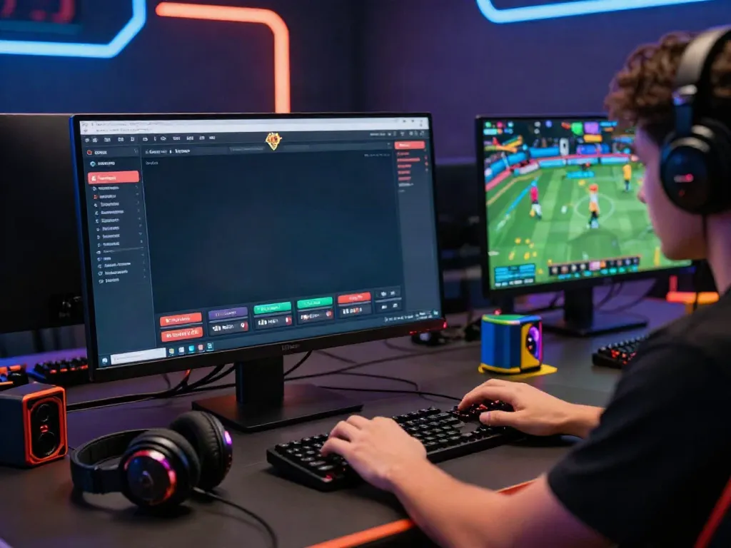 Engaging scene of a player immersed in Man88 online betting experience with vibrant graphics and gaming accessories.