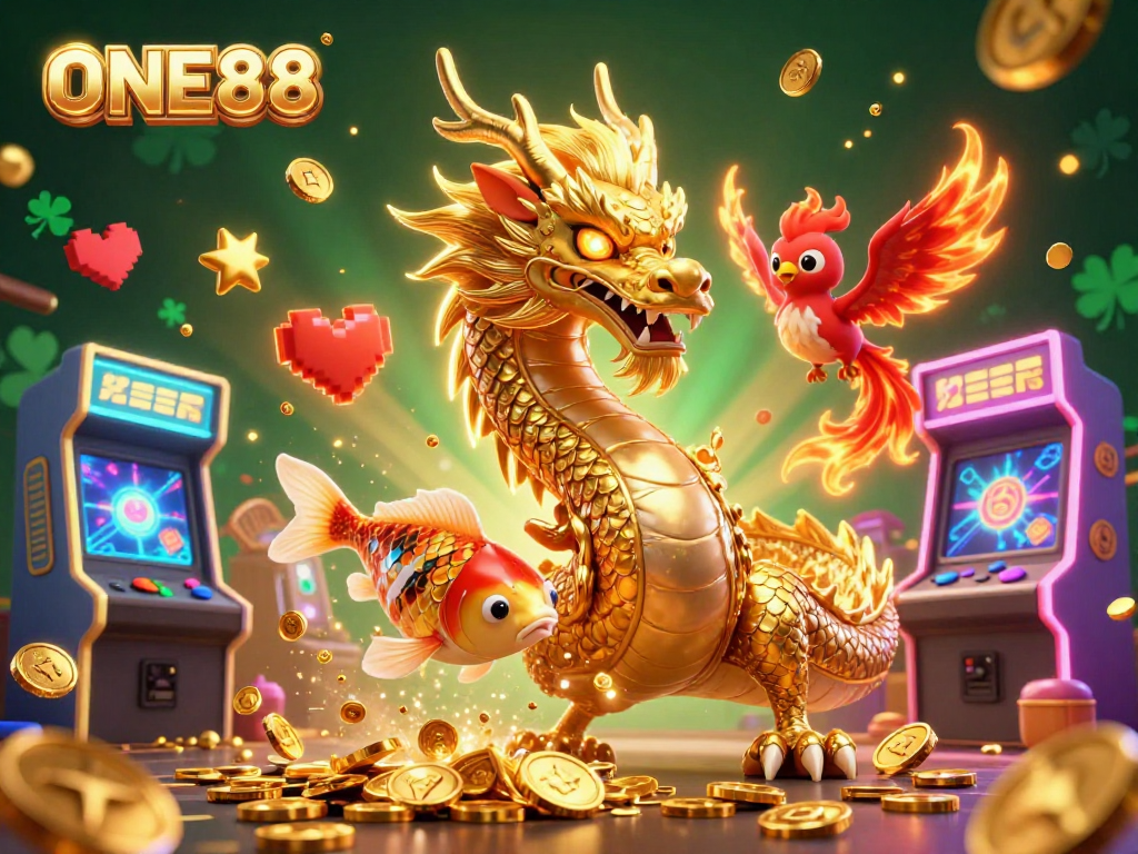 Experience excitement at ONE88 with a dynamic illustration of a golden dragon, phoenix, and koi fish amidst vibrant casino elements.