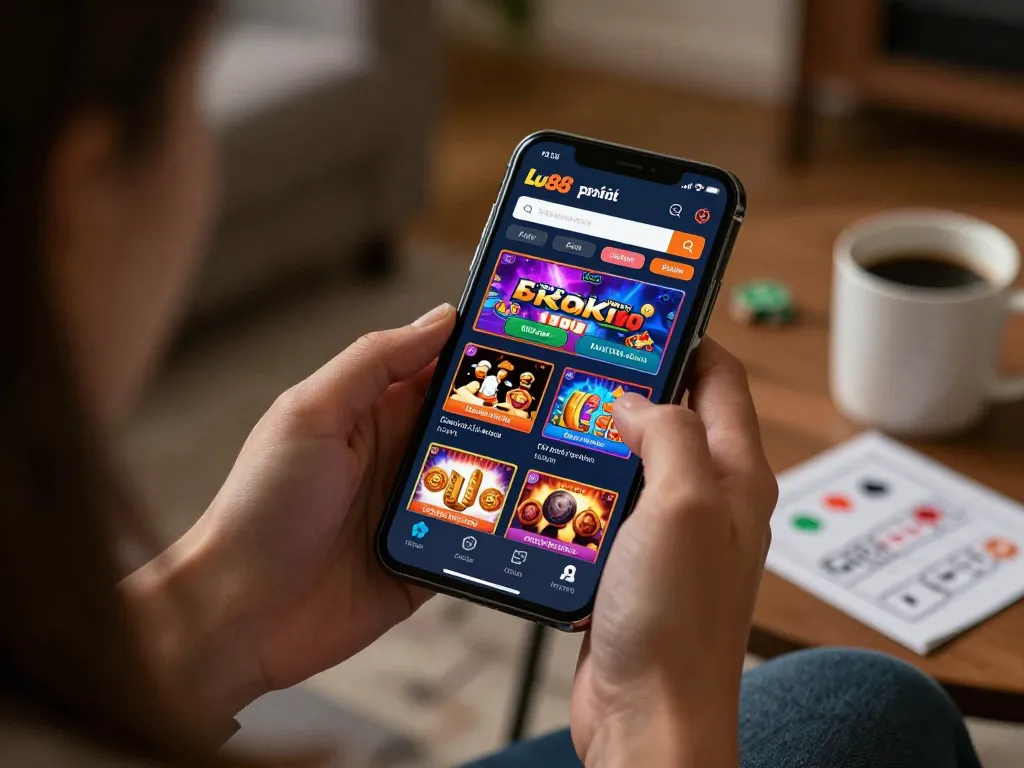 Engaging with Lu88 uy tín online casino app on smartphone in cozy home setting