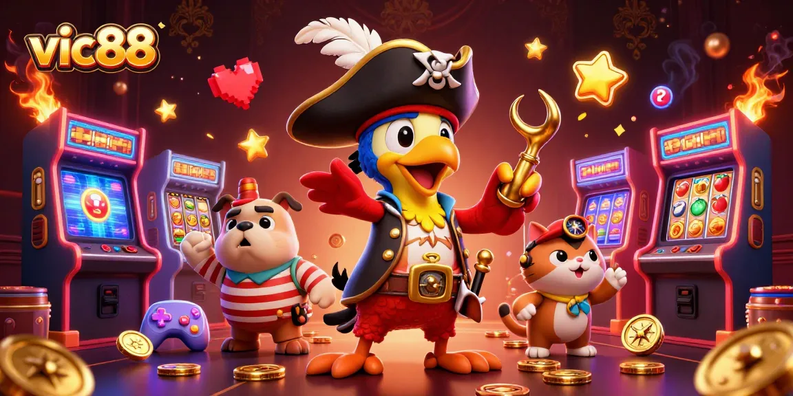 Experience the thrilling games at vic88 with this vibrant casino-themed illustration featuring pirate characters.