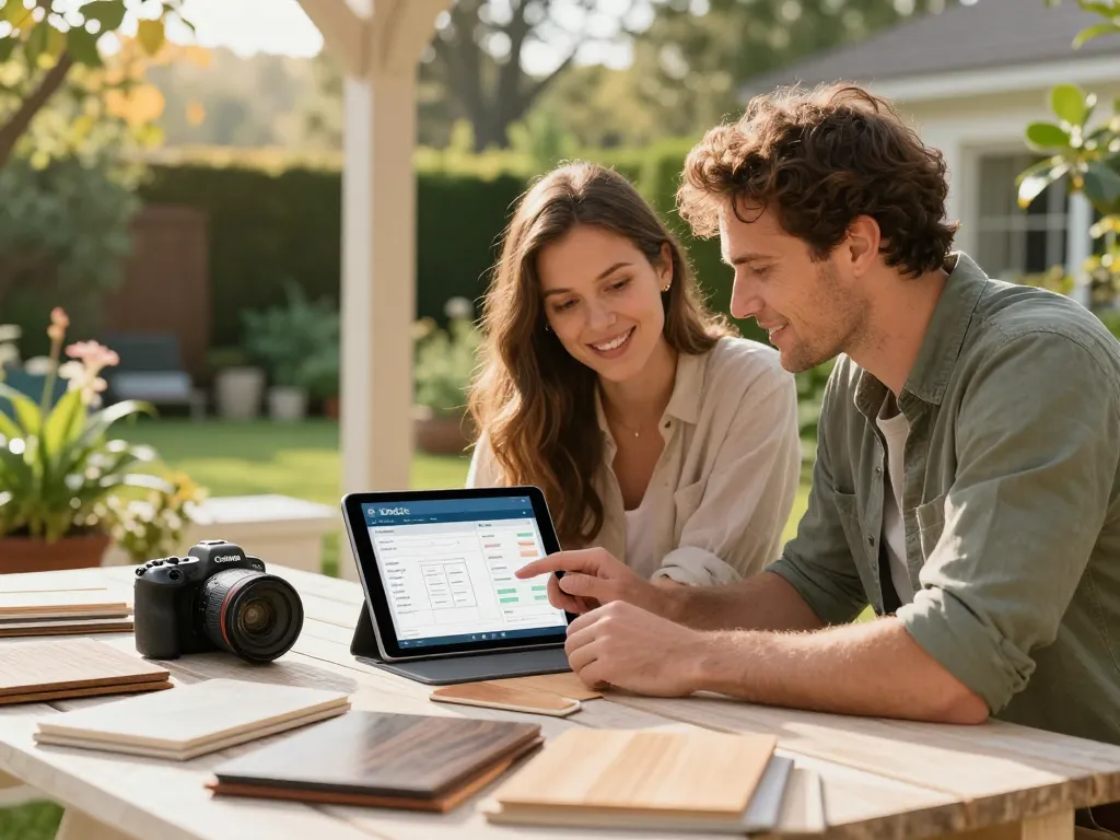 Pergola Sales Software displayed on tablet as a couple designs a pergola in their garden.