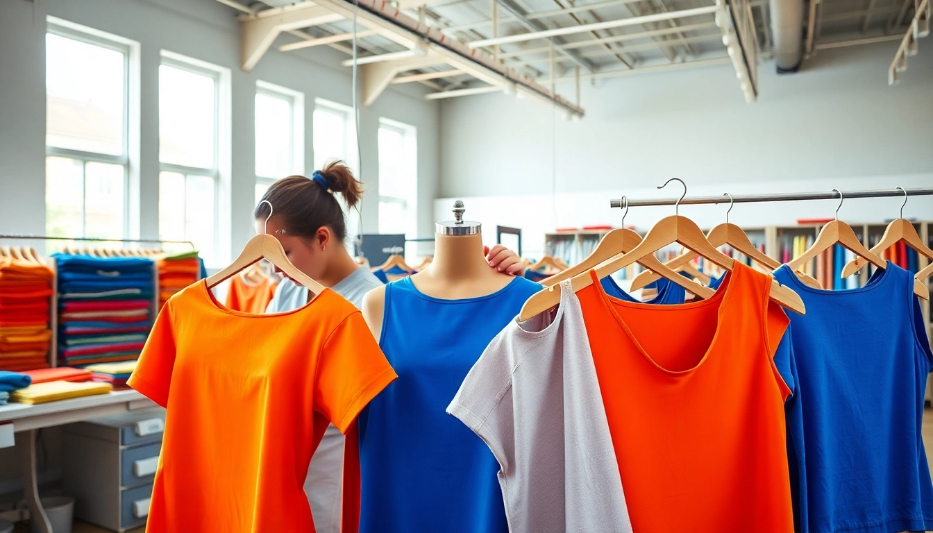 Showcase of Clothing manufacturers in China creating stylish tops in a vibrant studio.