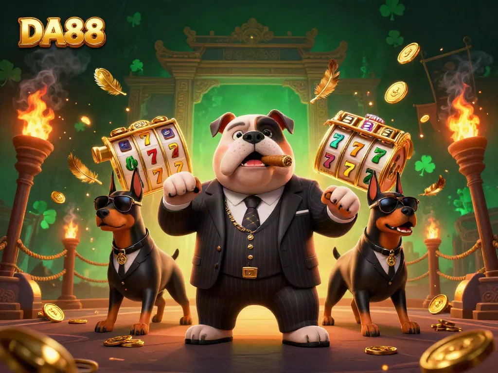DA88 captures thrilling casino action with cartoon mafia elements and vibrant game symbols.