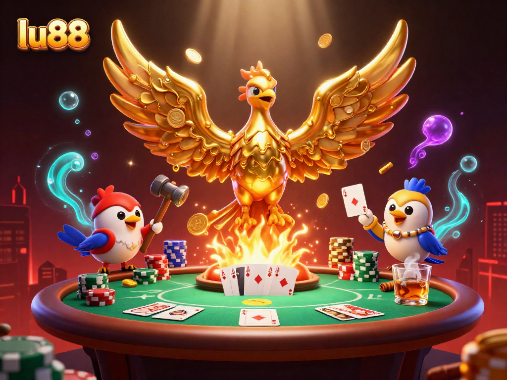 Experience the thrill of lu88 with a molten gold phoenix and vibrant poker elements.