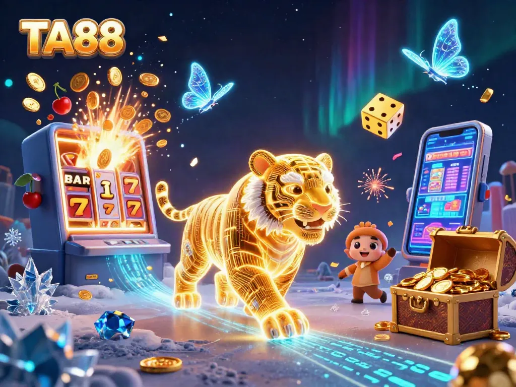 Experience the excitement of TA88 with a dynamic casino scene featuring a golden tiger and jackpot symbols.