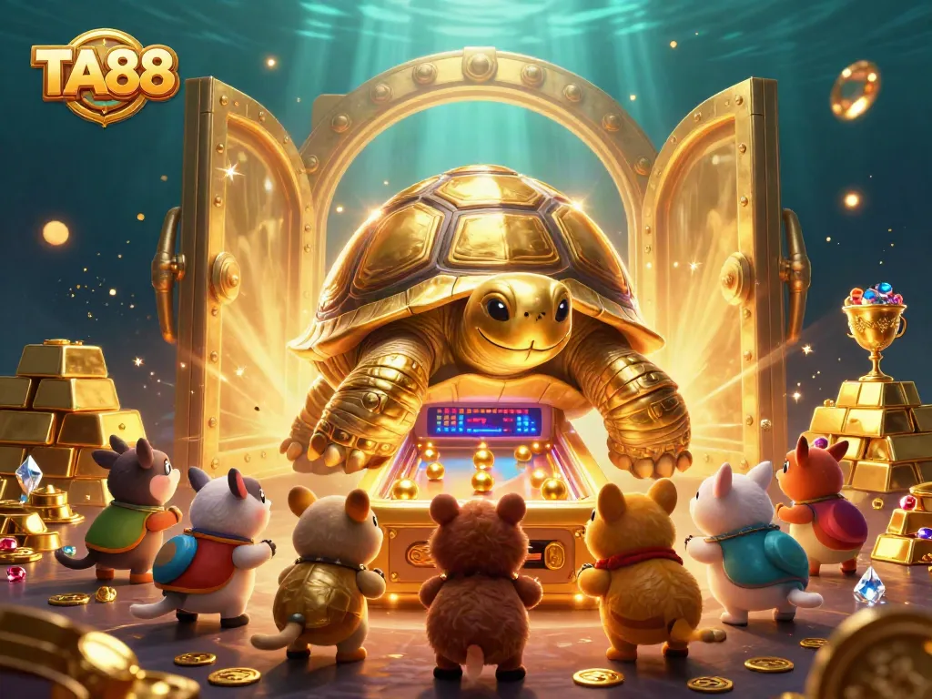 TA88 players enjoy golden casino fun with a colossal pinball machine tortoise amidst treasures.