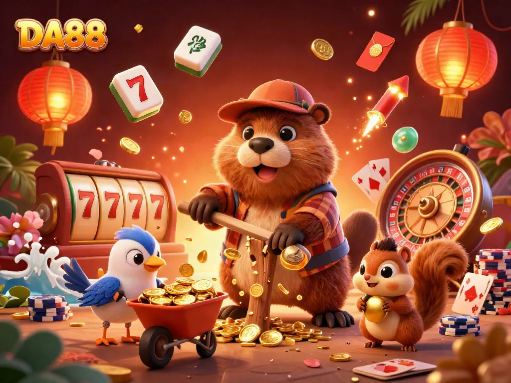 Engage with DA88's thrilling slot adventure featuring gold coins raining and lucky games elements.