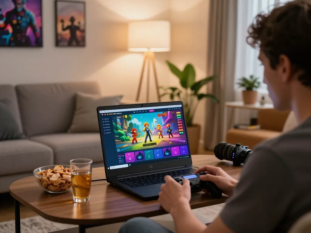 Player enjoying an html porn game in a vibrant living room setting.