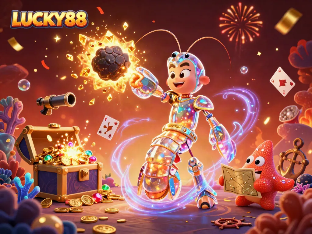 Experience the thrilling gameplay of LUCKY88 with vibrant underwater gems and 3D animated characters.
