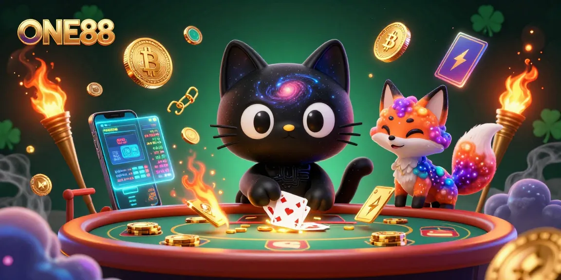 ONE88 cat wins at a cosmic casino with glowing crypto elements and vibrant characters.
