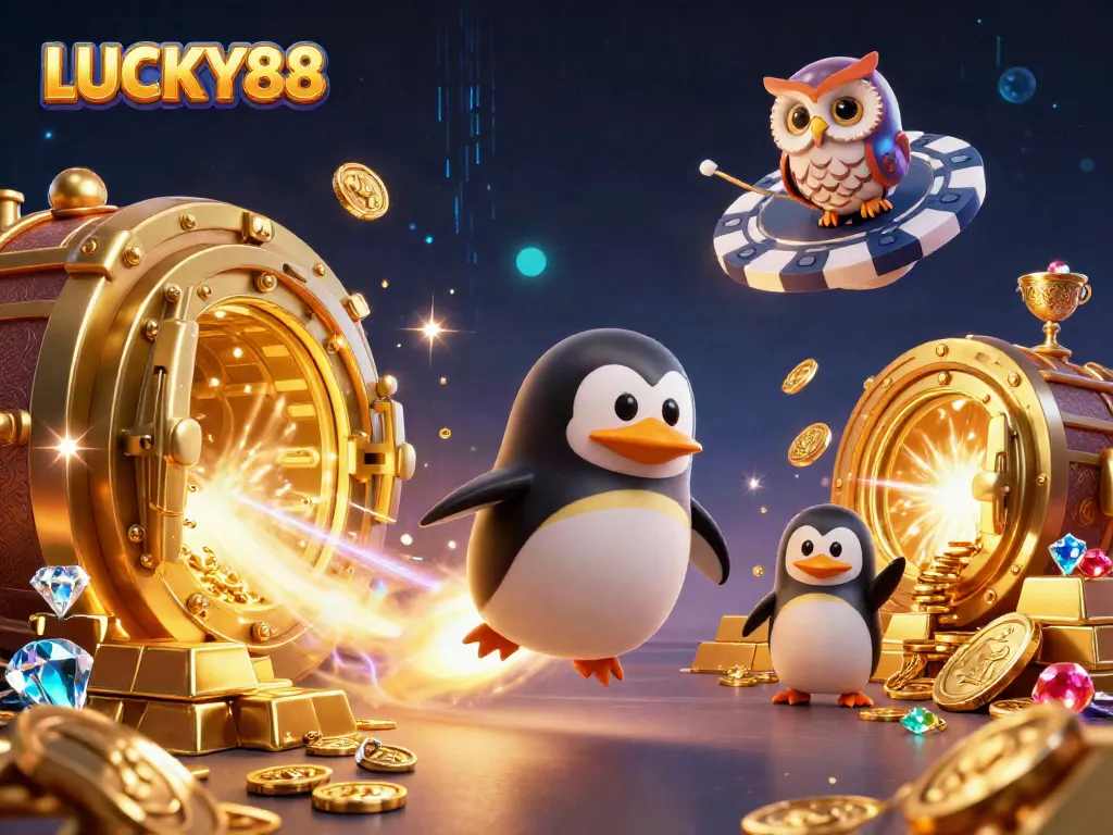 LUCKY88 penguin rocket blasting towards a casino space station with vibrant treasure elements.