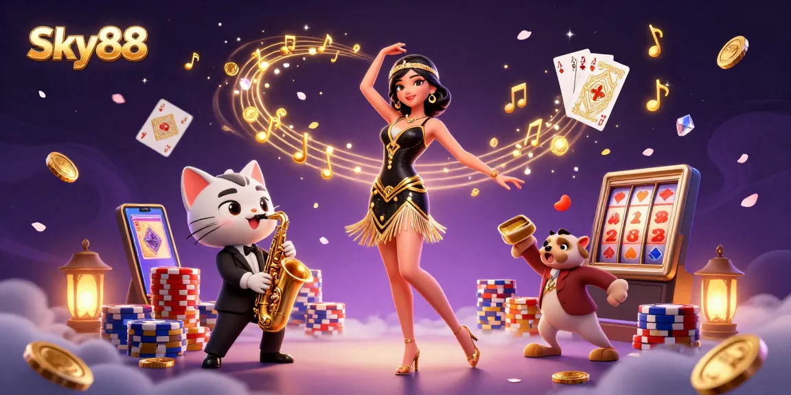 Experience Sky88’s thrilling jackpot action with vibrant colors and dancing characters in an exciting casino scene.