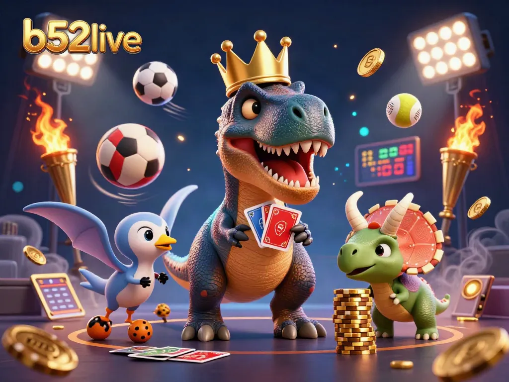 Bets and wins come alive at b52live with T-Rex, Triceratops, and Pterodactyl in a vibrant casino scene.