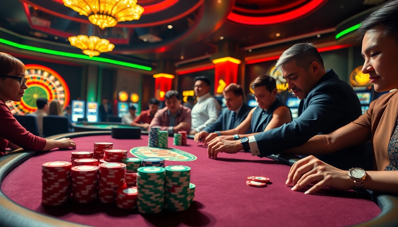 Engage in intense poker games at fabet3.com with colorful chips and an exciting casino atmosphere.