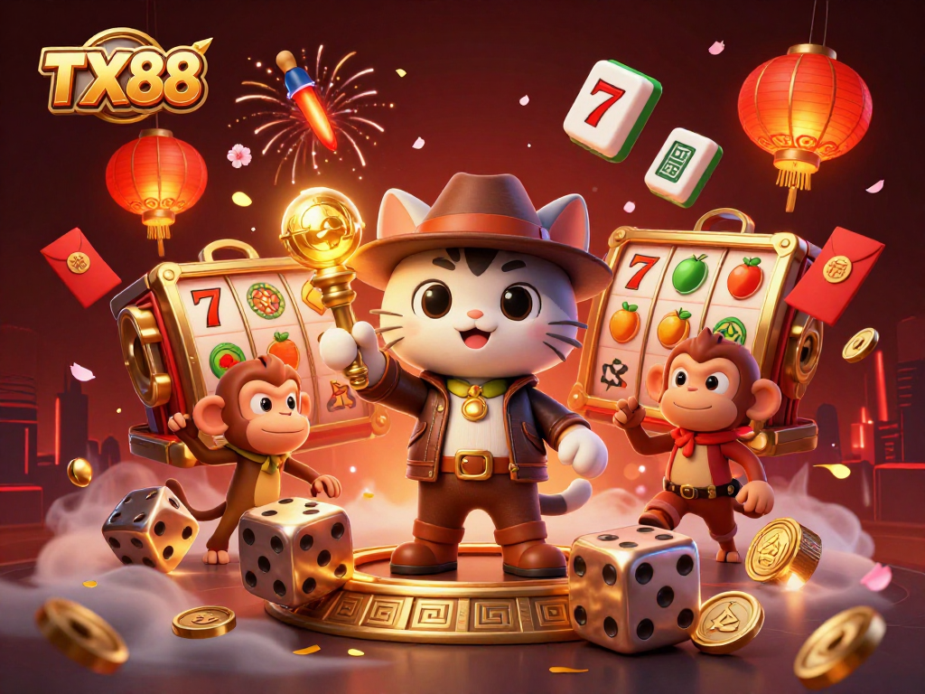 TX88 showcases thrilling slots and casino adventures in a visually stunning 3D illustration.