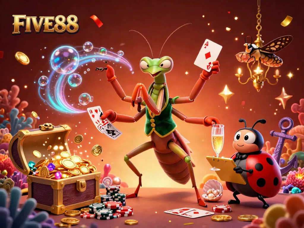 Experience the excitement of FIVE88 with vibrant casino action featuring card games, chips, and festive energy.