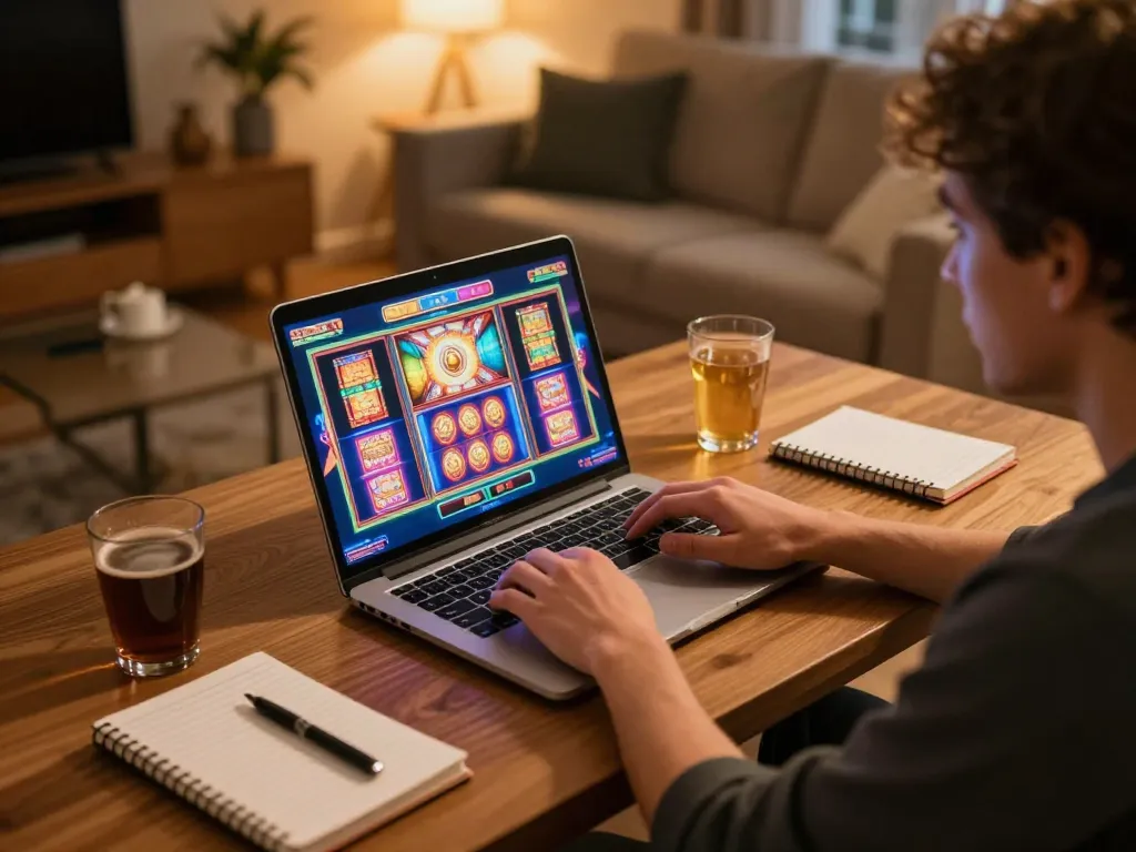 Player enjoying slots online at o8, with a cozy gaming setup and vibrant screen.