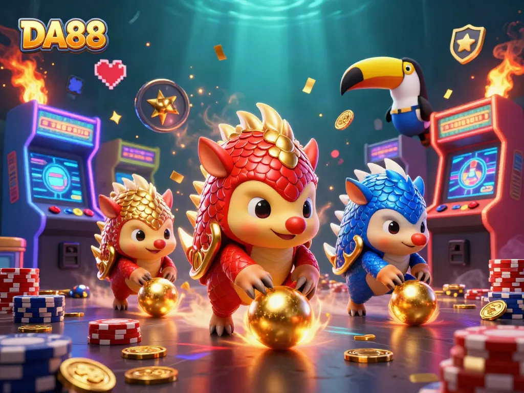 DA88 pangolins compete in a vibrant casino scene with poker chips, arcade games, and escalating excitement.