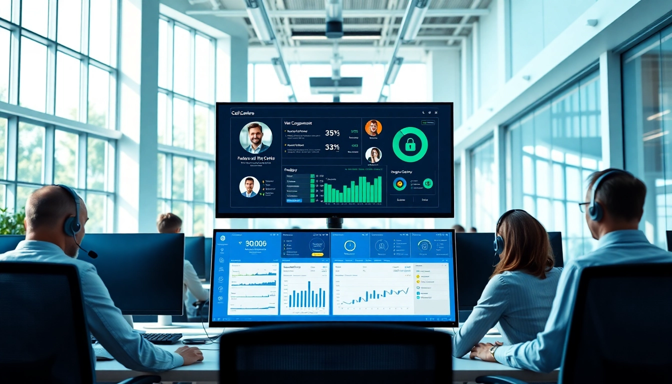 Showcase of call centre software interface in a professional office, illustrating agent interactions.