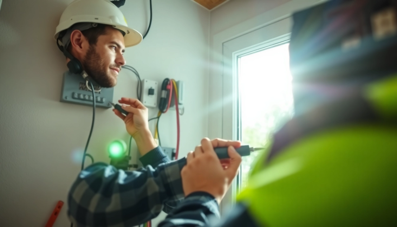 Electrician companies near me showcasing a skilled electrician at work on a residential panel.