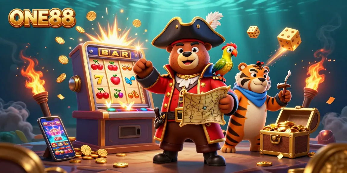Experience electrifying wins with ONE88 in this vibrant 3D casino scene featuring pirates and jackpots.