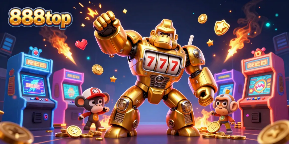 Experience excitement at 888top with a dynamic golden gorilla mech smashing through coins in a casino-inspired illustration.