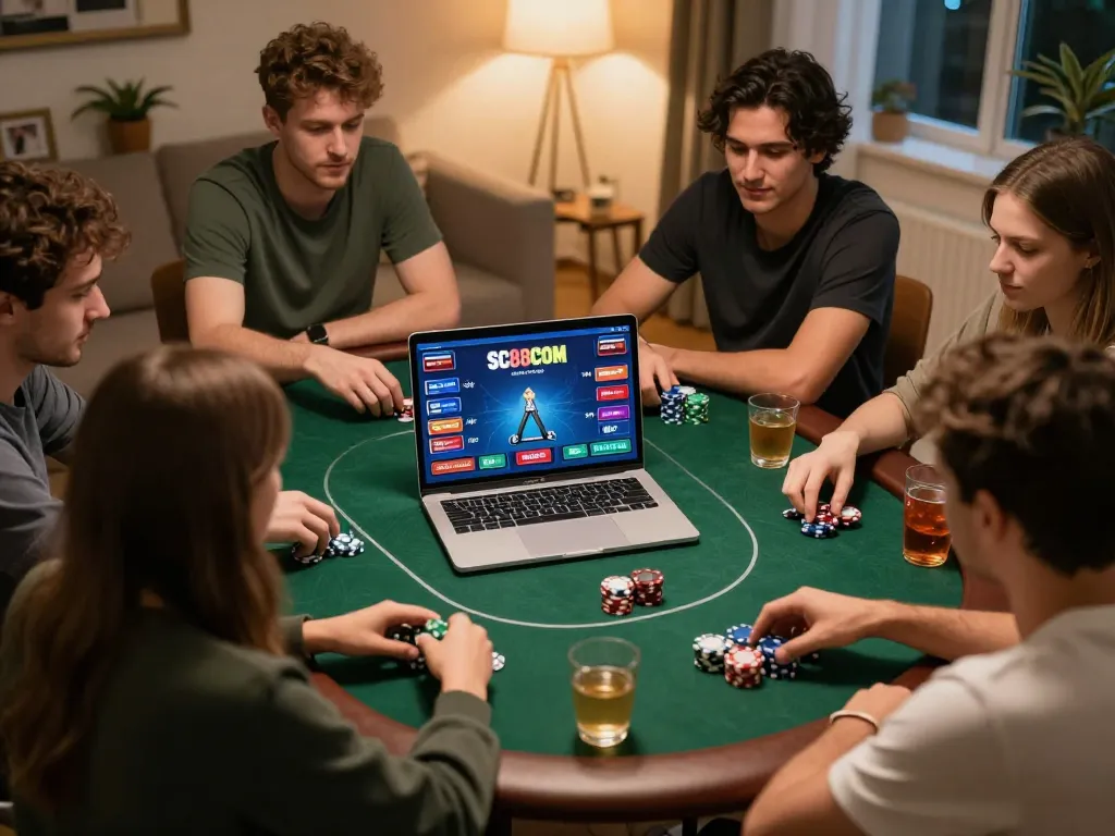 Engaged players enjoying online poker game on SC88COM in cozy home setting with drinks and chips.
