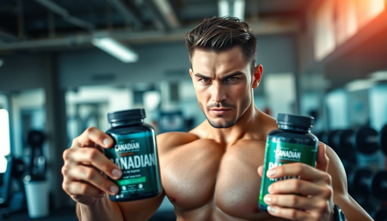 Dynamic athlete showcasing Canadian anabolics supplements in a vibrant gym environment.